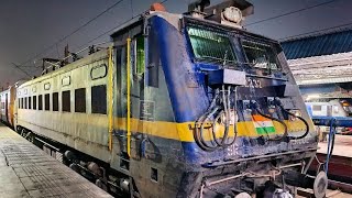 WAP4 22232 UNIQUE SILVER/DARK BLUE PASSENGER ENGINE DEPARTS SALEM TRAIN