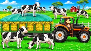 Farm Work: Tractor Harvesting Grass 🚜- Feeding Hungry Dairy Cows | Real Farm Animation