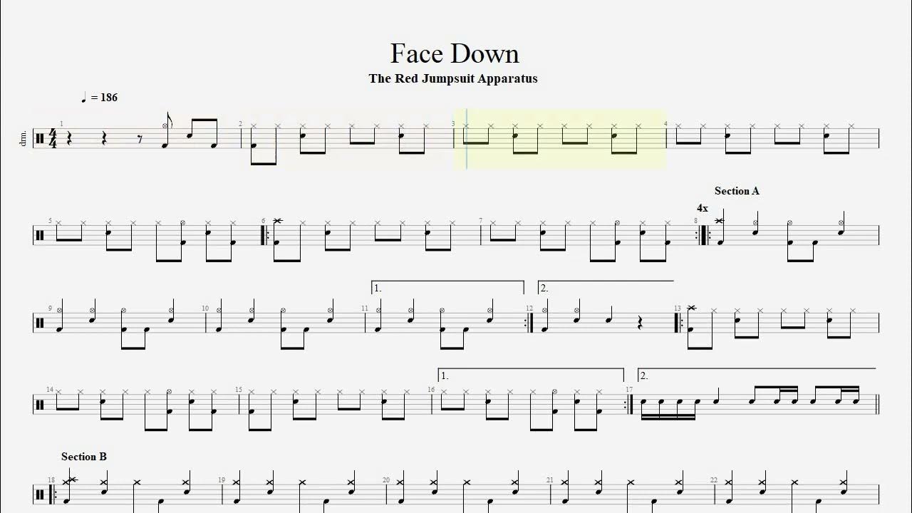 The Red Jumpsuit Apparatus Face Down drum tab, score, sheet music
