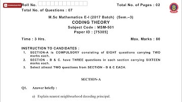 MSC MATHEMATICS 3RD SEM CODING THEORY DEC 2018 | PTU