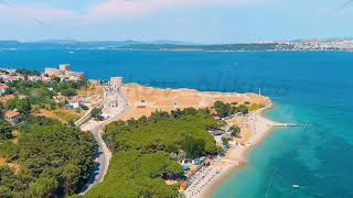 Dolly zoom. Kilitbahir, Turkey. Aerial drone flight along the coastline of the Dardanelles Strait...