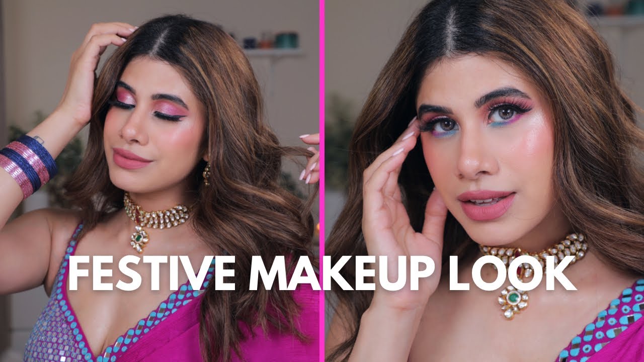 Beautiful festive makeup look 🩷🩵  || Pink & Blue || Malvika Sitlani