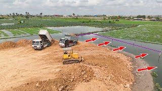 Action Bulldozer Push the rock into the water and Dump Truck 5Ton Pour in water