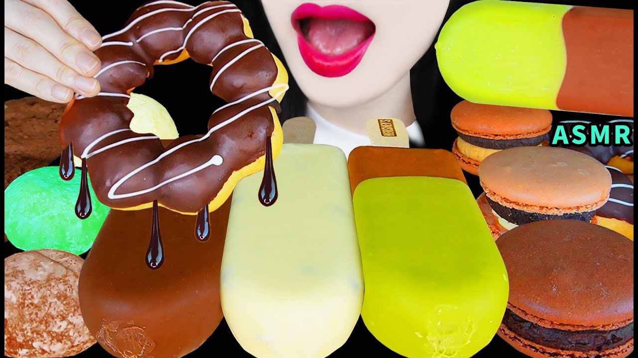ASMR HERSHEY'S CHOCOLATE ICE CREAM, CHEWY CHOCOLATE DOUGHNUT, ICE RICE CAKE MUKBANG EATING SOUNDS