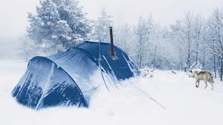 -9°CЗимний лагерь в горячей палатке в условиях снежной бури-Лагерь в глубоком снегу с моими друзьями