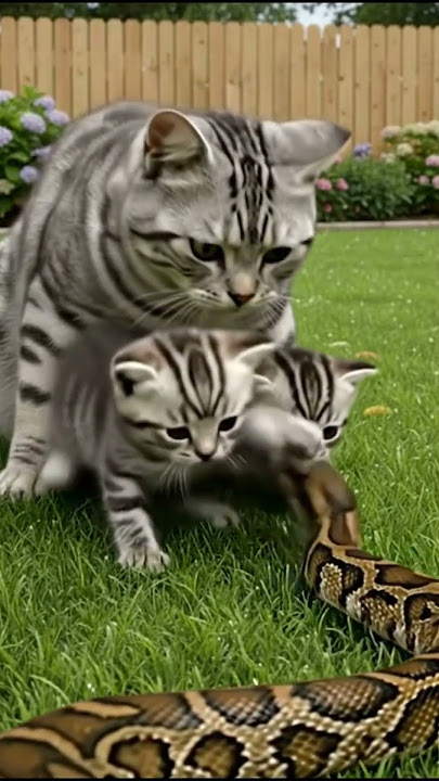 Kitten vs Snake – Mother Cat’s Heroic Gaze 母猫が子猫を守るため