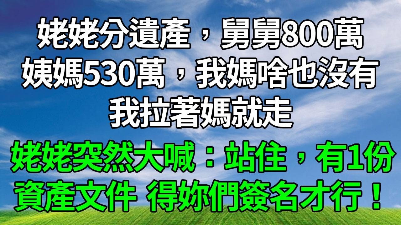 姥姥分遺產，舅舅800萬，姨媽530萬，我媽啥也沒有，我拉著媽就走，姥姥突然大喊：站住，有1份資產文件，得妳們簽名才行！#生活經驗 #人生感悟 #故事分享 #為人處世 #正能量 #打脸