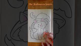 Bold and Easy Coloring Page Halloween Cat with Witch s Hat Moon Pumpkin