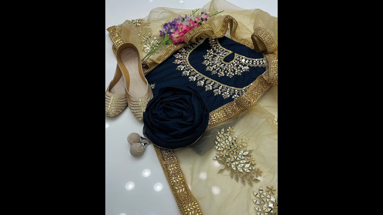 *Stuff qatan silk mirror zari work shirt ,net mirror bunch 4 border gotta work dupata .trouser plain