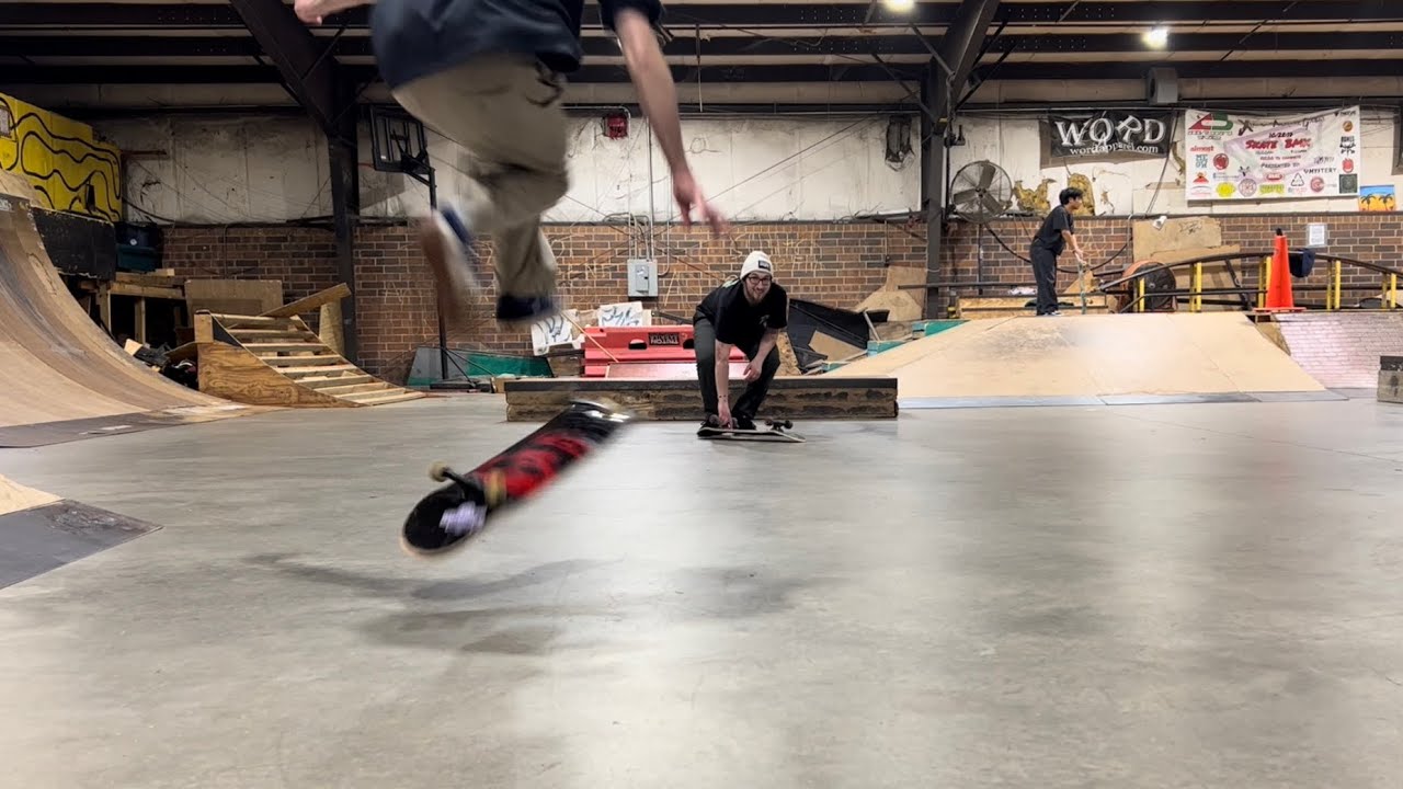 Indoor Skate sesh at Above Board Skatepark in Greensboro NC. Varial