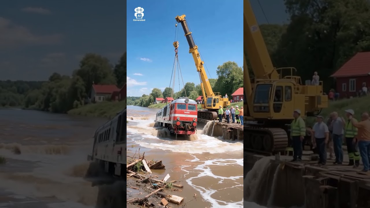 Rescue Operation: Cranes Lifting the Sunken Train from Water 