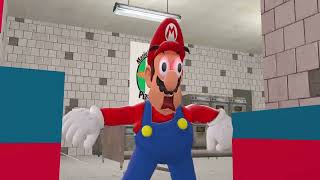 mario chokes peppino with his pizza and peppino starts destroying everything in mario pizza.