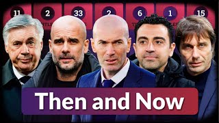 Most titled football coaches Then and Now: M. Lucescu, Pep Guardiola, C. Ancelotti, Z. Zidane, Xavi