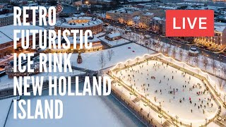 Opening of Retro-Futuristic Ice Skating Rink on New Holland Island in St Petersburg, Russia. LIVE
