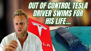 Tesla smashes through a concrete wall and dives into swimming pool