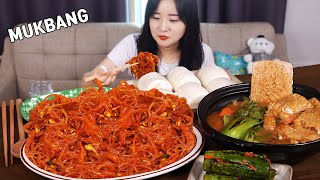 Cooking Mukbang :) Spicy Japchae made with  glass noodles | Seafood Nurungji Soup.
