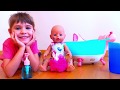 Bath time with Baby doll and bath toys  Arina babysitting