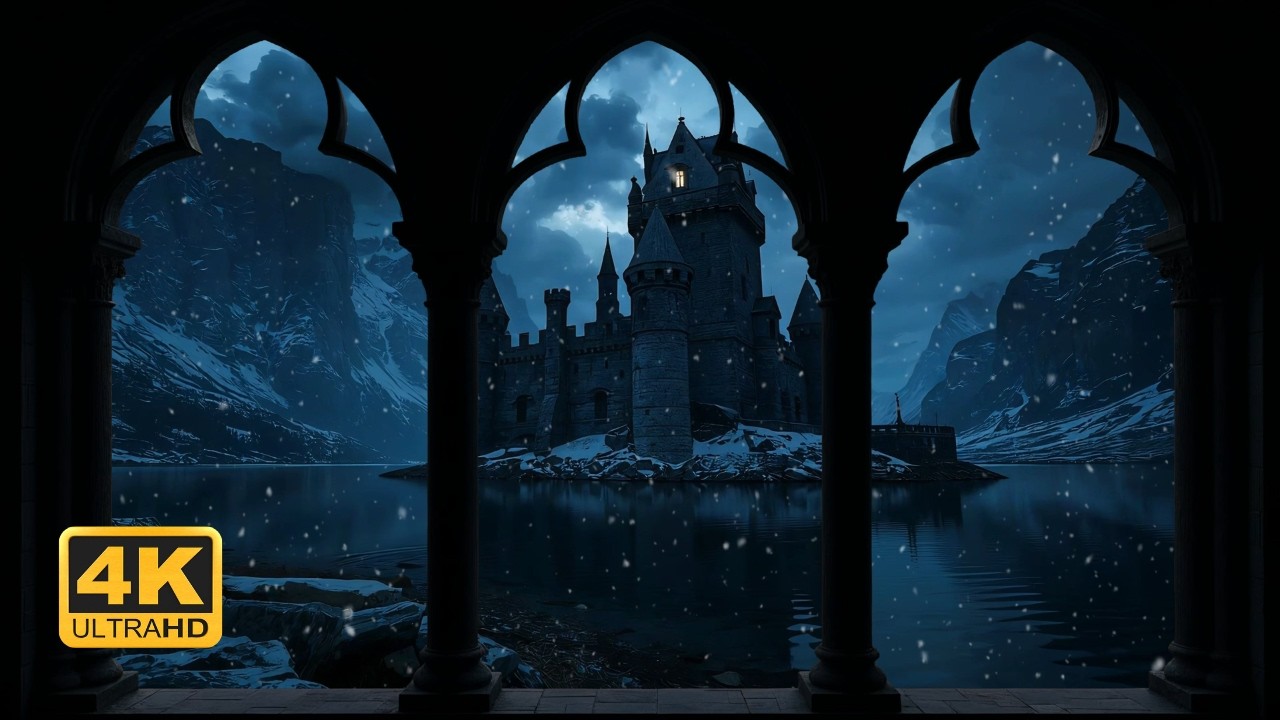 ❄️ Castle by the Frozen Night Lake – Snow and Wave Ambience 4K For Study and Relaxation