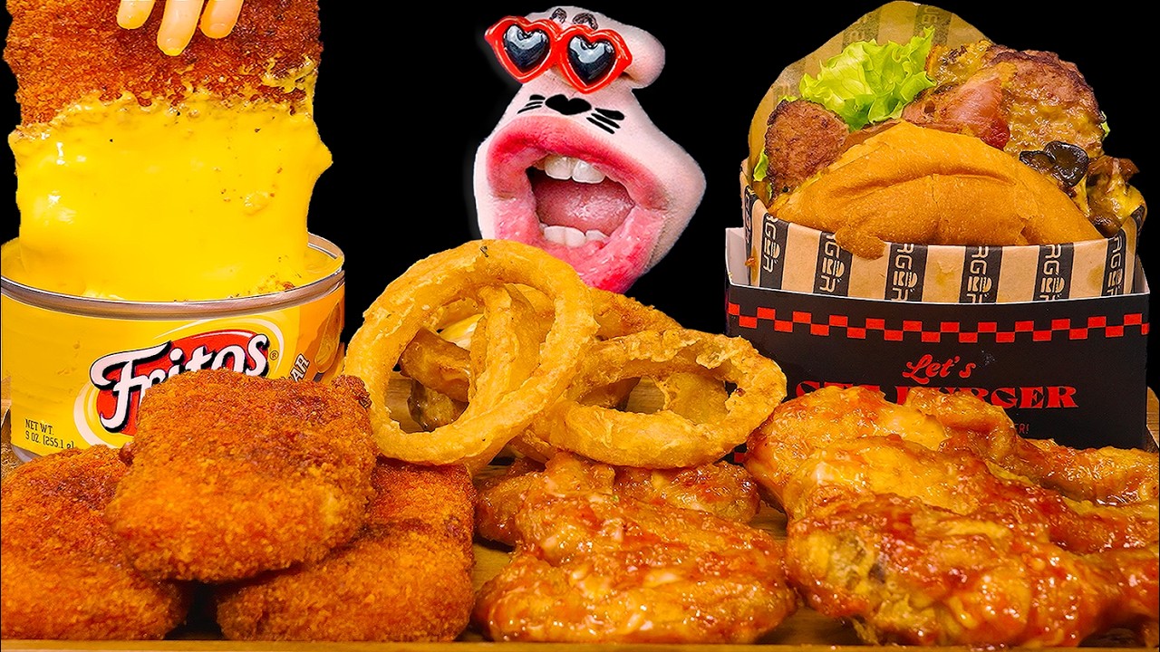 ASMR EXTRA CHEESY MOZZARELLA STICKS & JUICY BURGER MUKBANG EATING SOUNDS