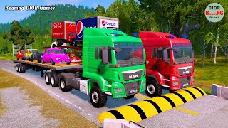 Double Flatbed Trailer Truck cars vs rails tractor vs train cars vs bollards Beamng Drive 407 screenshot 4