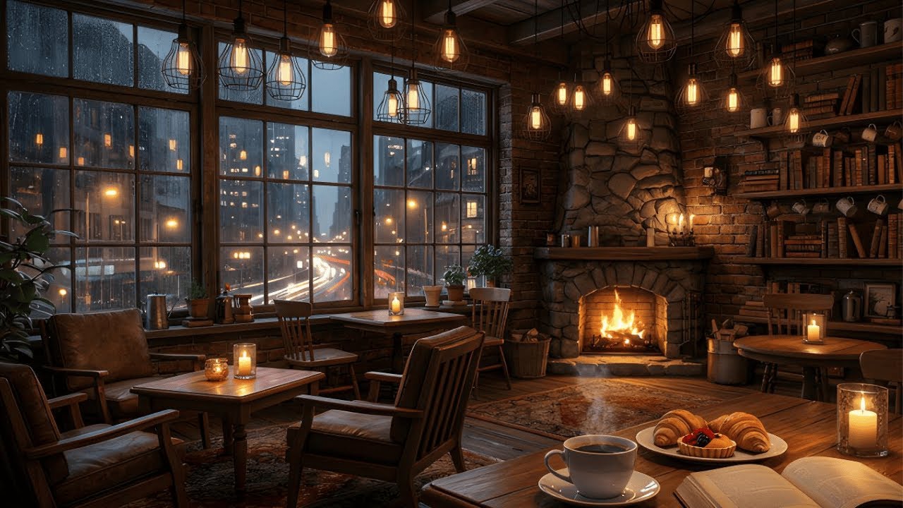 Cozy Coffee Shop with City Lights 🌧️ Warm Jazz Music for Reading & Relaxing | Night Ambiance