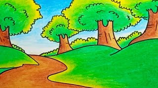 How To Draw Forest Scenery Drawing For Beginners With Oil Pastels |Drawing Forest Scenery Easy