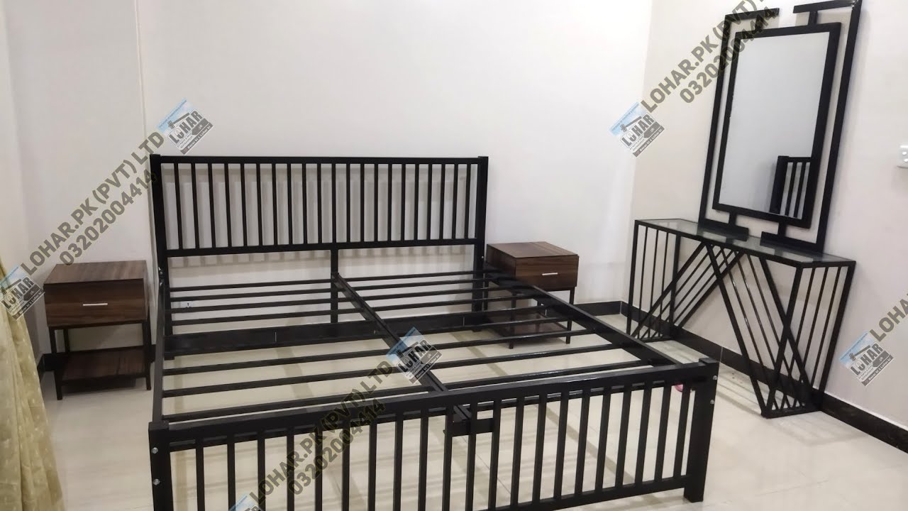 Bedroom Set | Iron Double Bed | Metal Side Tables | Steel Dressing Table  (Console with Mirror) - YouTube