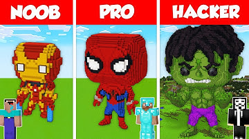FUNKO POP SUPERHERO BASE HOUSE BUILD CHALLENGE - NOOB vs PRO vs HACKER / Minecraft Battle Animation