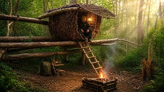 Building a Cozy Survival Treehouse in the Wild Forest | Bushcraft Shelter