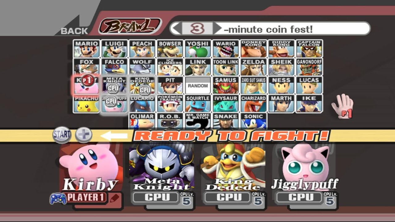 Kirby VS Meta Knight VS King Dedede VS Jigglypuff | 3 Min Coin | Super Smash Bros Brawl Fight 76