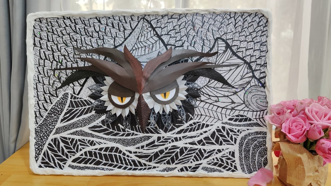 5 minutes drawing with meditation music - Owl face  doodle mountain view painting | LA Art studio