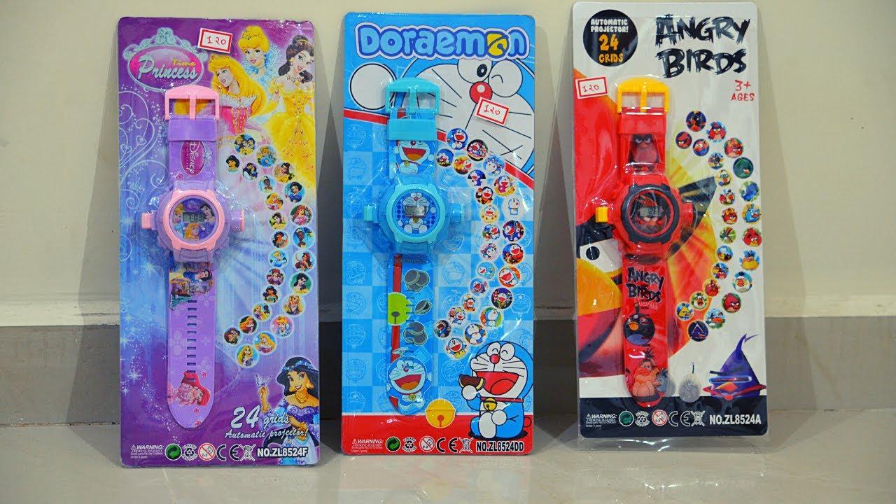 Unboxing and Review of angry birds, doraemon, disney princess projector watch toy for kids