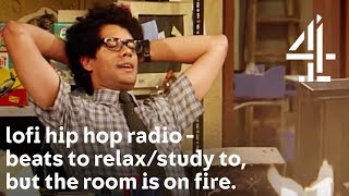 lofi hip hop radio - beats to relax/study to, but with Moss from The IT Crowd & the room is on fire.