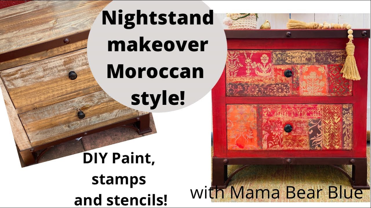 Creating a Moroccan style nightstand with DIY Paint, stamps and stencils! Painted furniture upcycle!