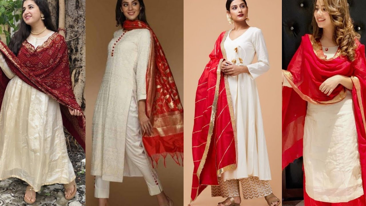 white anarkali with red dupatta