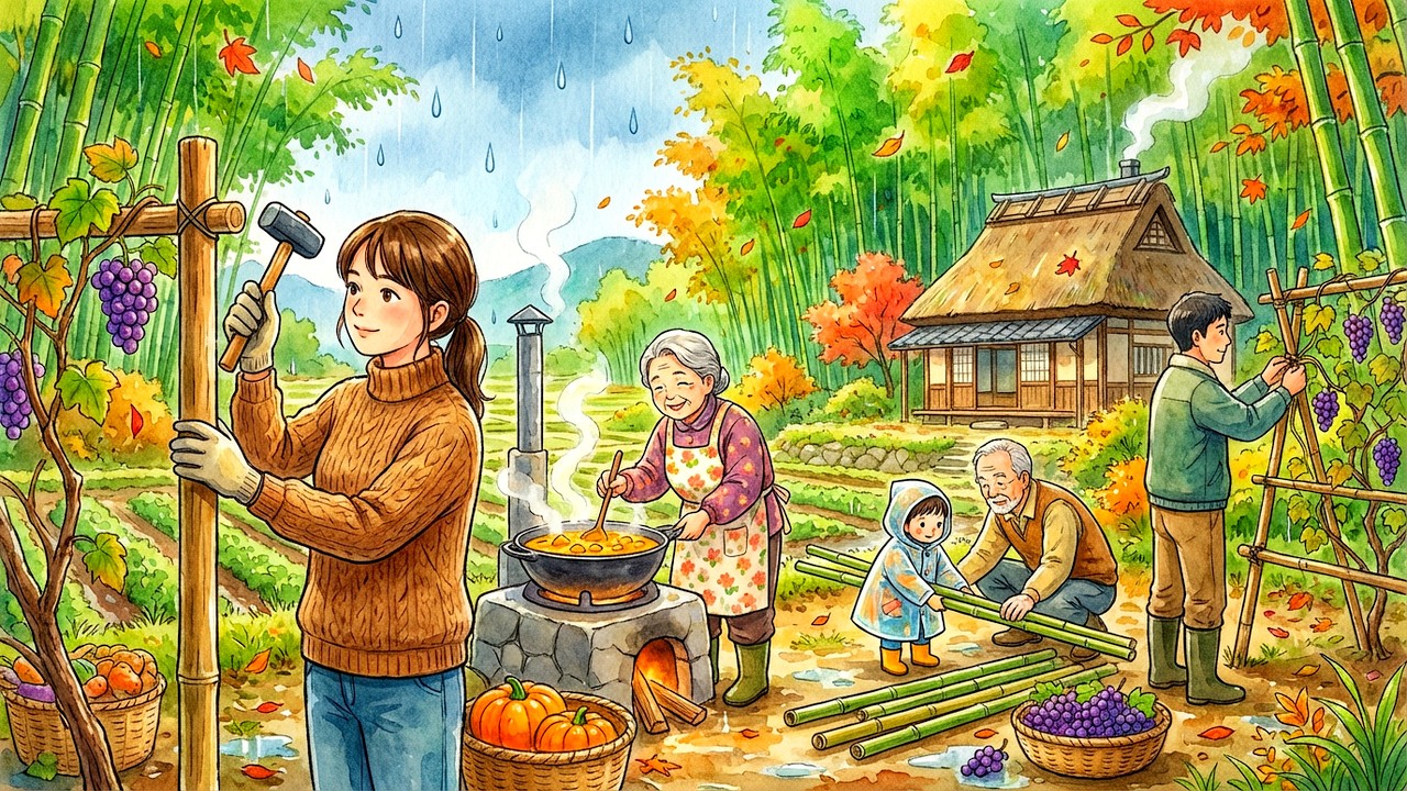 Autumn Rain on the Bamboo Farm 🍂 Building a Grape Trellis & Cooking Pumpkin Stew | Ghibli-Style ASMR
