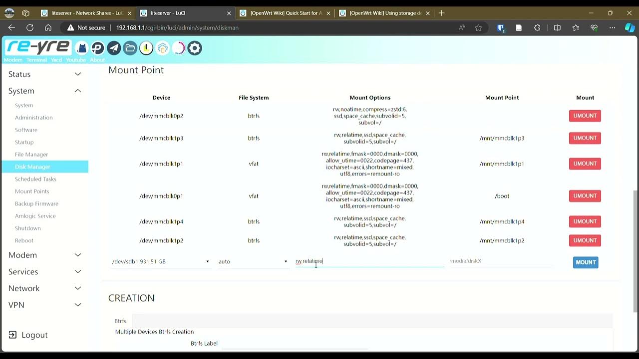 Manual mount points setting for OpenWrt, USB External YouTube