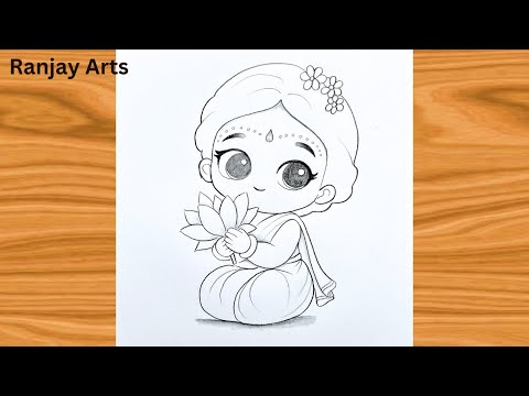 How to Draw Cute Little Radha Rani with Lotus Flower | Easy Pencil Sketch