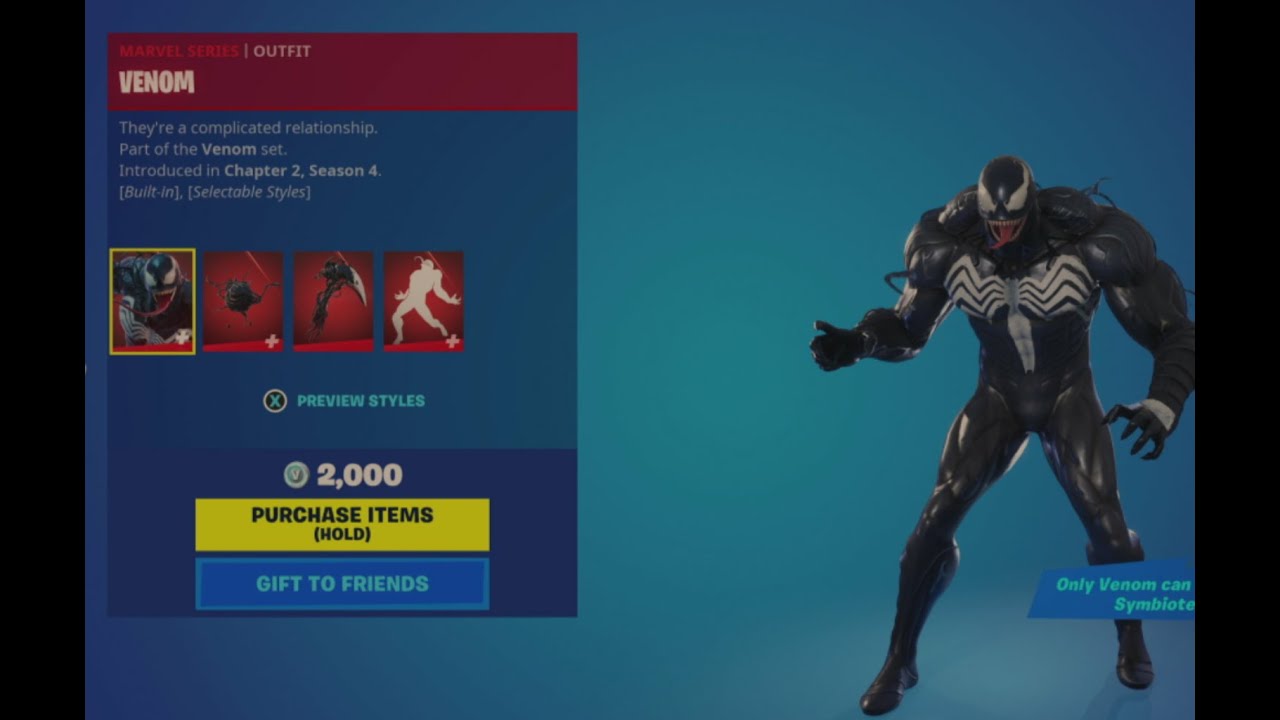 Marvel Madness Series Fortnite Item Shop Venom Outfit Set Locker Combos