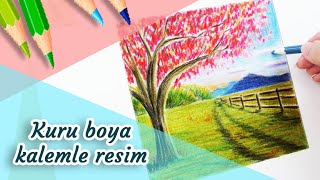 5 dakika'da kolay manzara resmi kuru boya kalemle !!