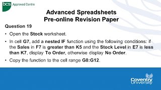 ECDL Coventry University: Advanced Spreadsheets Pre-online Revision Paper Question 19 - Nested IF