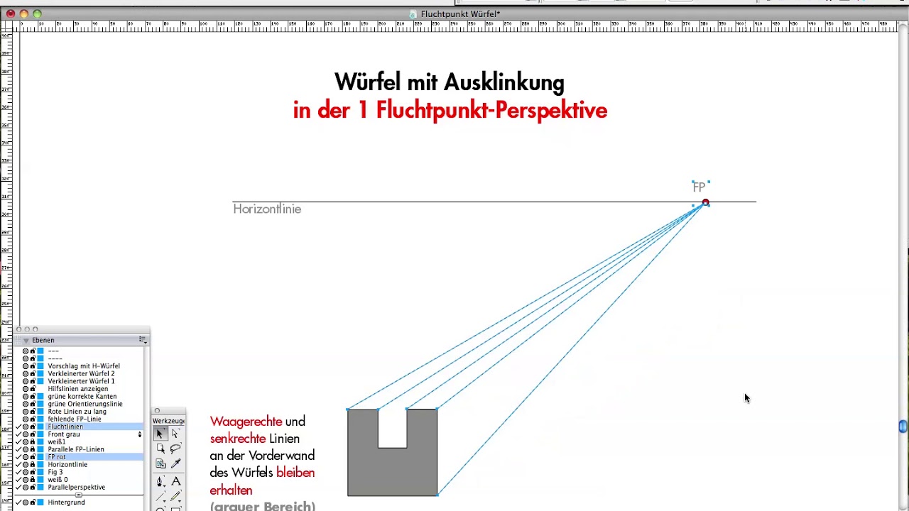 Fluchtpunktperspektive mit Würfel und Ausklinkung - 1 Fluchtpunkt - YouTube