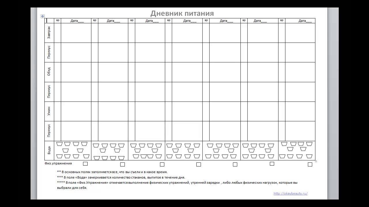Дневник питания распечатать шаблон