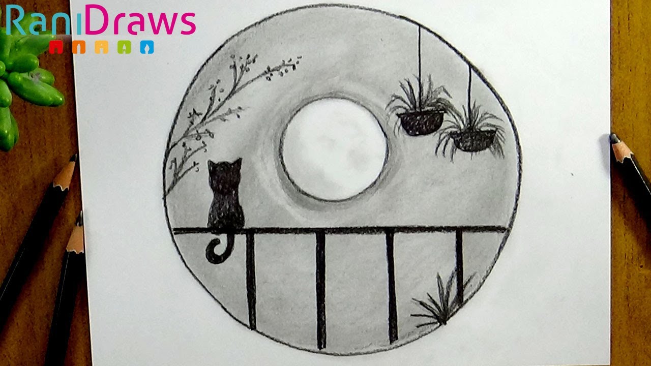 How to draw a PENCIL LANDSCAPE (cat and the moon) - Step by step - thptnganamst.edu.vn