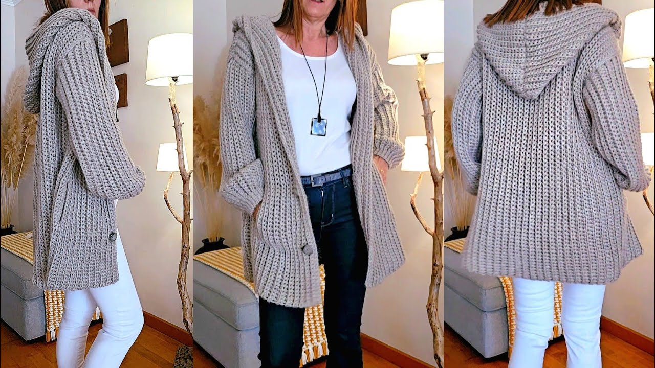 Как #вязать жакет/кардиган с капюшоном крючком.