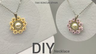 İncili şık çiçek kolye yapımı.DIY pearl flower necklace with seed beads. How to make beaded necklace