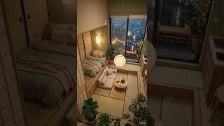 Top-down cinematic view of a small modern studio apartment with a Japanese minimal style, l
