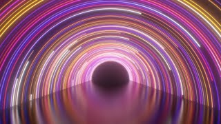 Beautiful Glow Neon Rings Tunnel Rotate Over Shiny Reflection Surface 4K Background VJ Video Effect
