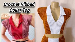 Crochet Ribbed Collar Top Tutorial ✨ Beginner Friendly 