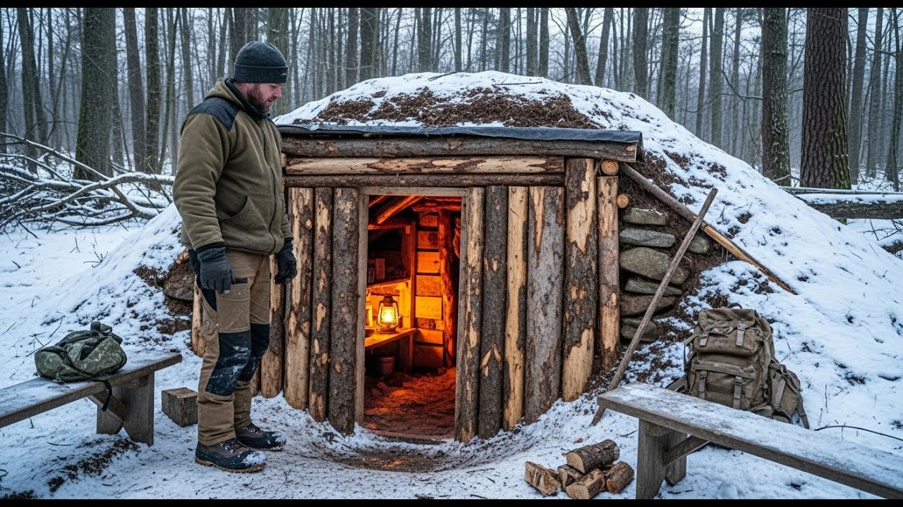 Cozy Secret Snow Shelter in the Forest to Avoid Wild Boars | Bushcraft, Survival